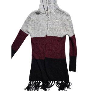 Aiami Colorblock Hooded Knit Open Cardigan w/ Fringe Hem Grey, Burgundy, Black S